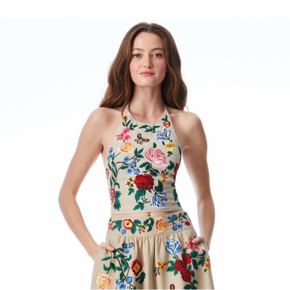 Alice and Olivia Embroidered Floral Halter Crop Top in Beige